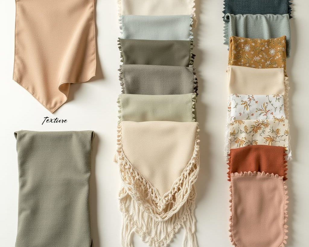 A neatly arranged flat lay of various fabric swatches labeled and grouped by texture, weight, and use—such as cotton, linen, silk, wool, denim, and synthetics.
