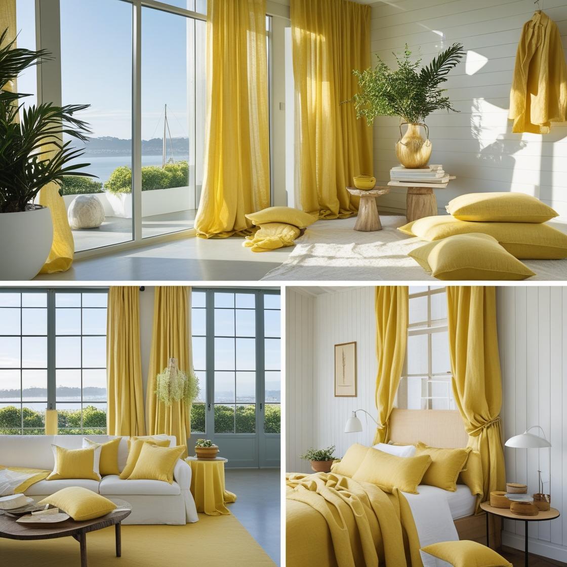 A bright and airy interior scene showcasing elegant yellow linen textiles. Feature a modern San Francisco penthouse with floor-to-ceiling windows and a cozy Charleston-style bungalow with classic white wood paneling.