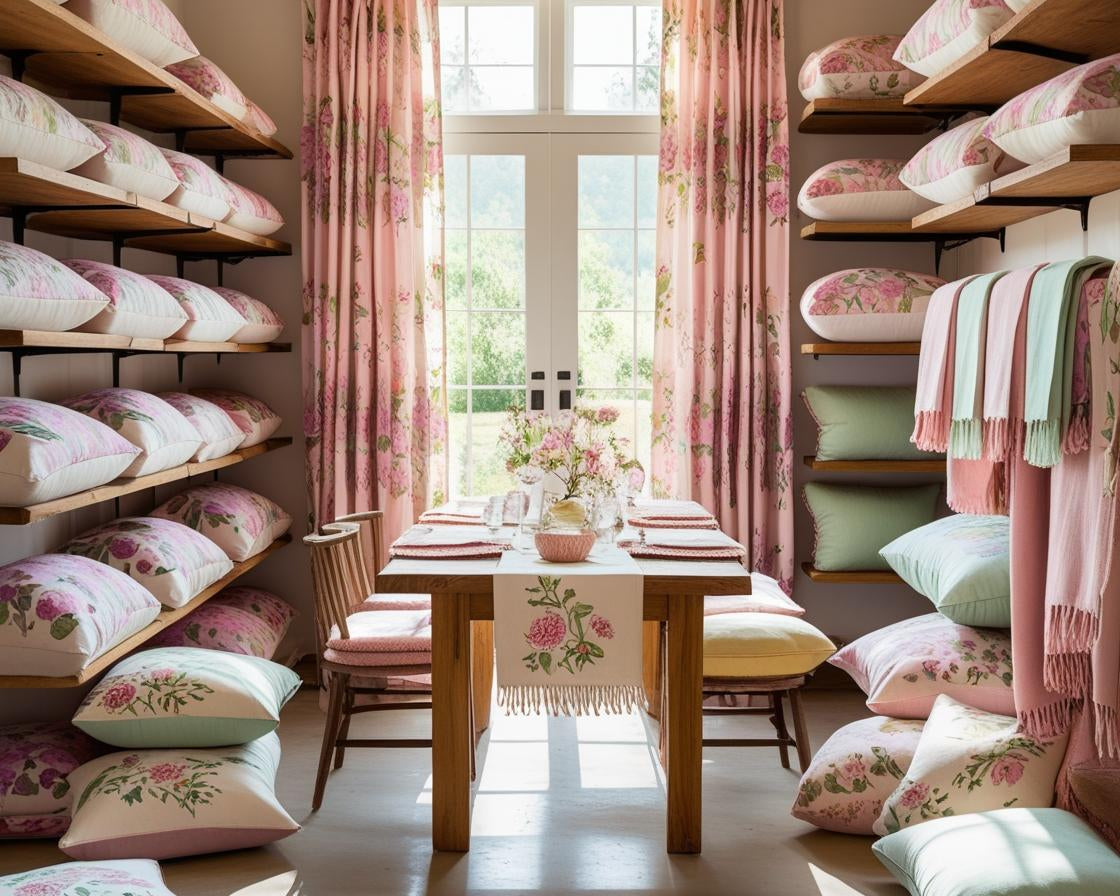 A cozy, well-lit textile boutique interior with soft natural light streaming through floral block-printed curtains. Shelves are stacked neatly with matching.