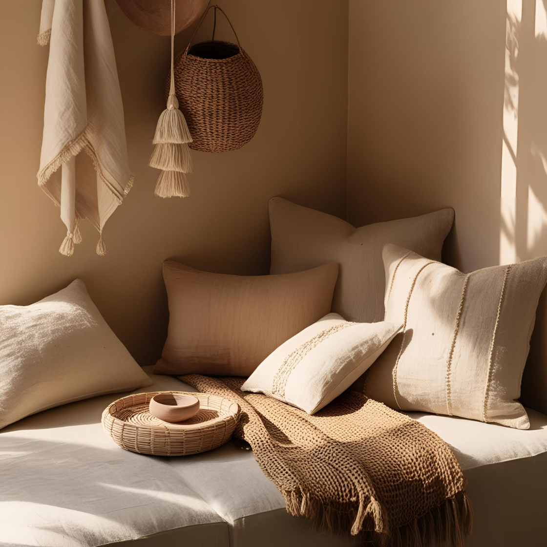 Handmade textiles and natural textures like linen, wood, and clay. A quiet corner with cushions, woven decor, and gentle shadows.