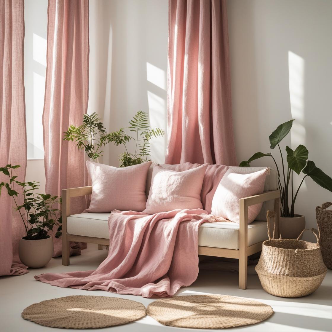 "Cozy living room with a warm, ambient vibe. A beige sectional sofa with assorted throw pillows in pink tone.