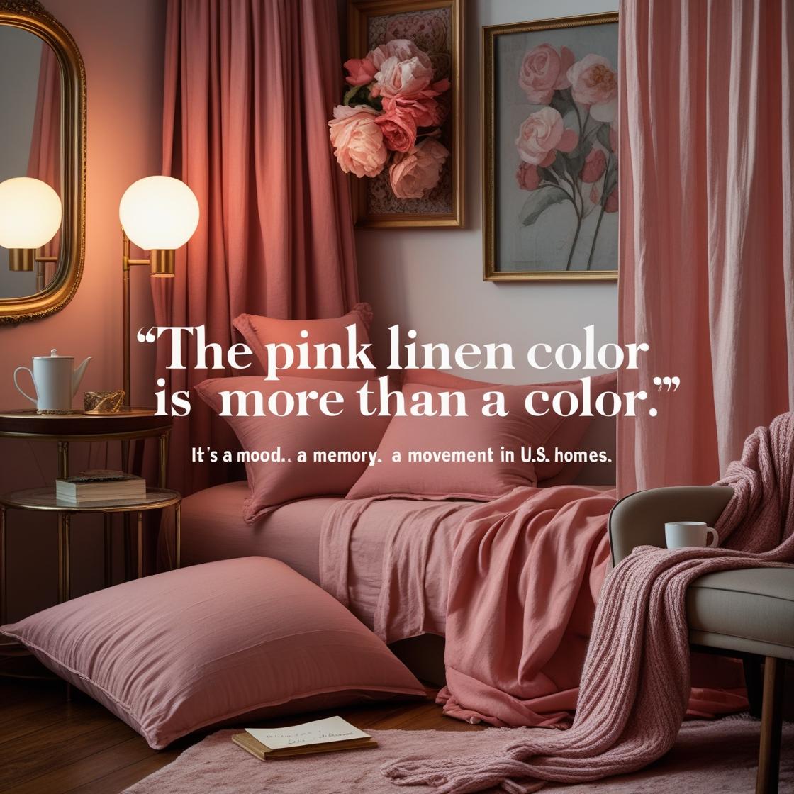 A bright and trendy American living space styled in modern boho or contemporary farmhouse design. Showcase soft pink linen materials.