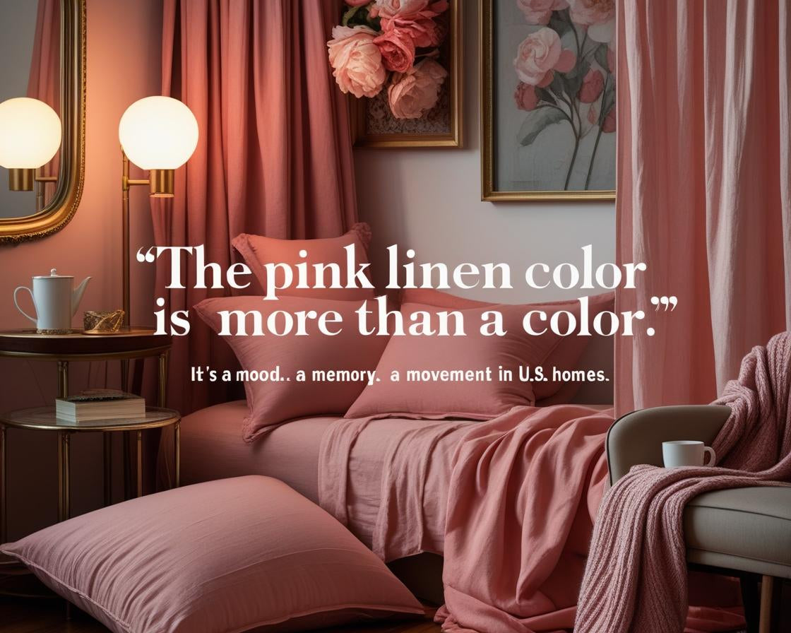 A bright and trendy American living space styled in modern boho or contemporary farmhouse design. Showcase soft pink linen materials.