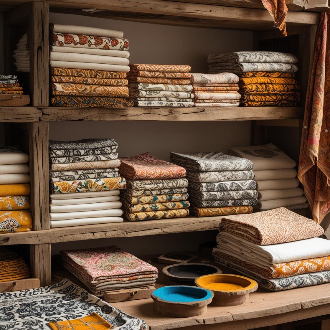 An artisanal fabric shop showcasing a curated display of hand-block printed textiles. Rolls and neatly folded stacks of linen, cotton, and other natural fabrics.