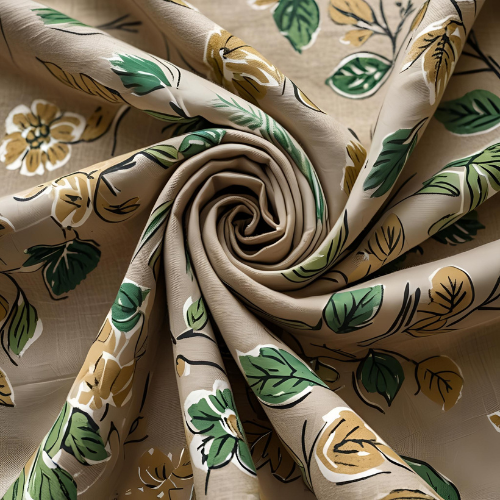 Close-up of neatly folded linen fabric with a delicate hand-block printed floral pattern