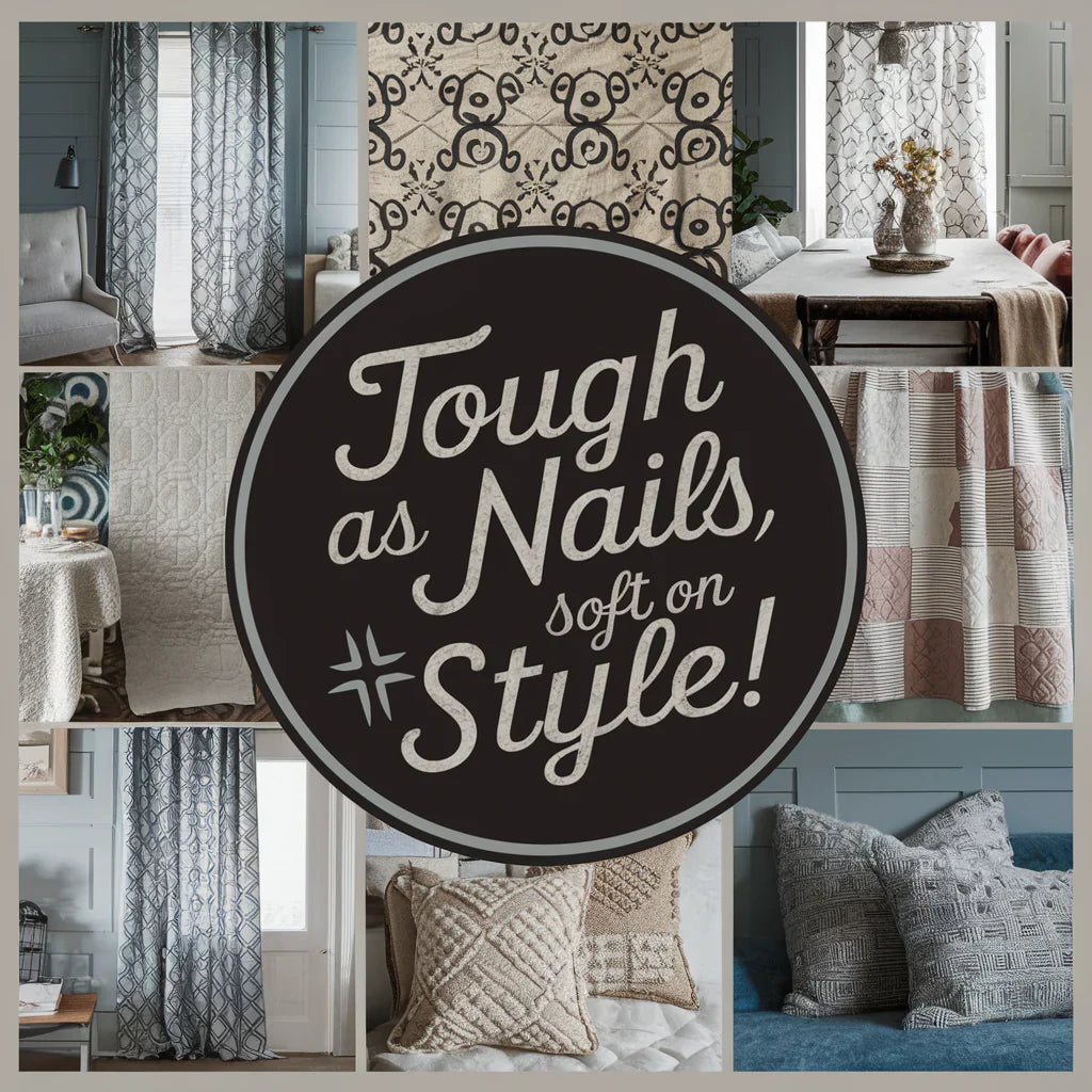 The fabric showcases a variety of home decor items, including patterned curtains, elegant table runners, cozy quilts, and plush pillow covers. The overall design is modern and chic, with a color palette that is both inviting and sophisticated.