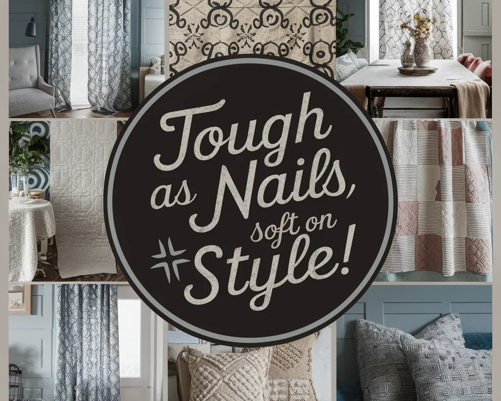 The fabric showcases a variety of home decor items, including patterned curtains, elegant table runners, cozy quilts, and plush pillow covers. The overall design is modern and chic, with a color palette that is both inviting and sophisticated.