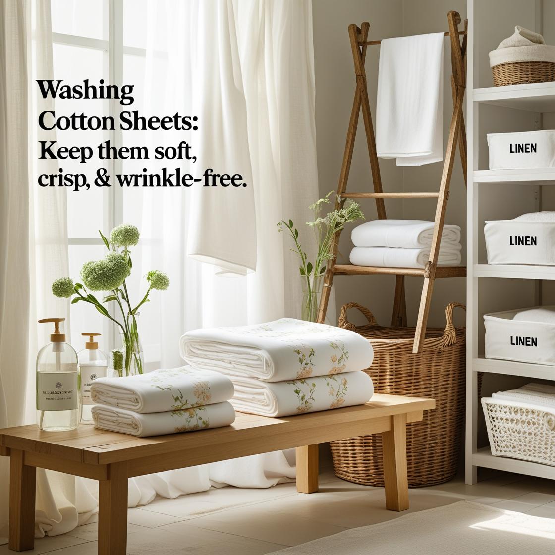 bright, serene laundry room scene styled for a modern U.S. farmhouse. Feature freshly washed, neatly folded white cotton sheets on a wooden bench or shelf.
