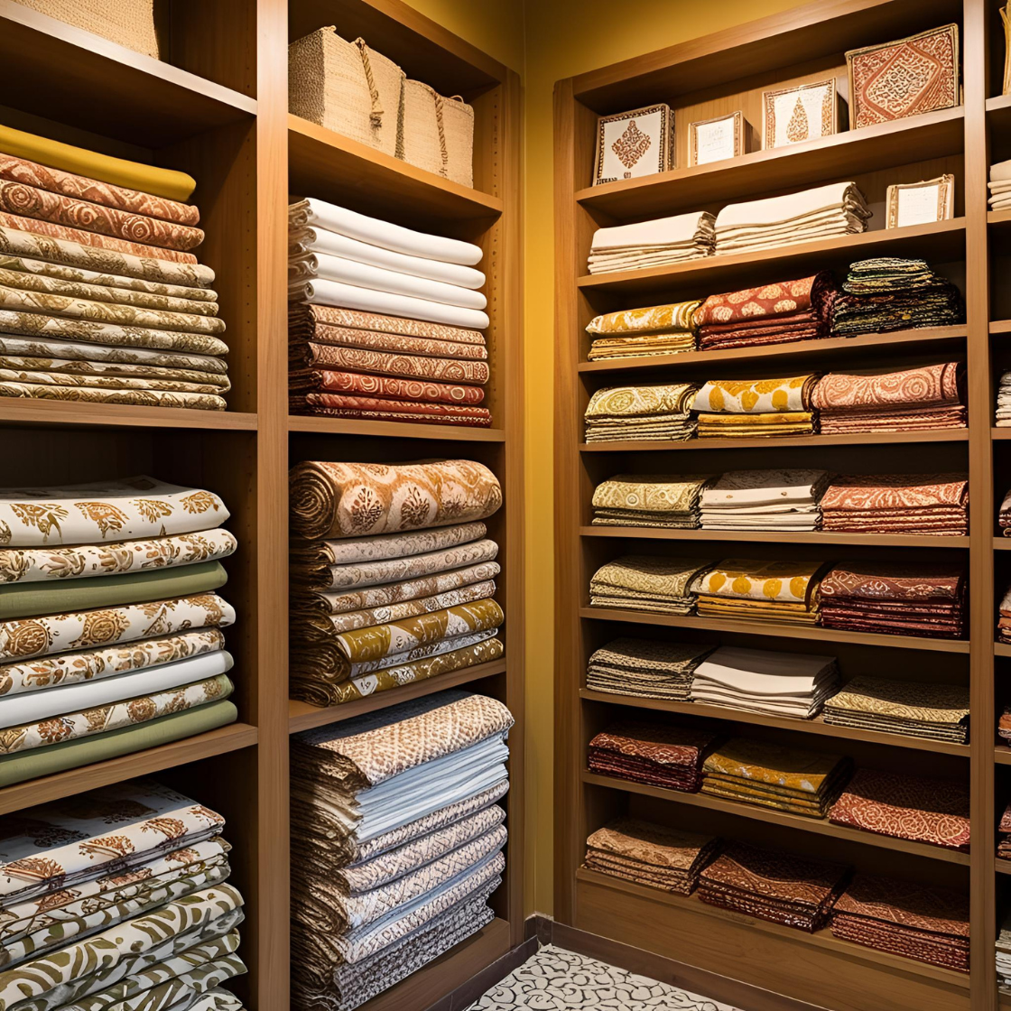 A warm, authentic textile shop with neatly arranged shelves and displays. One side of the shop features stacks of block printed fabrics in linen and cotton—handmade patterns like florals.