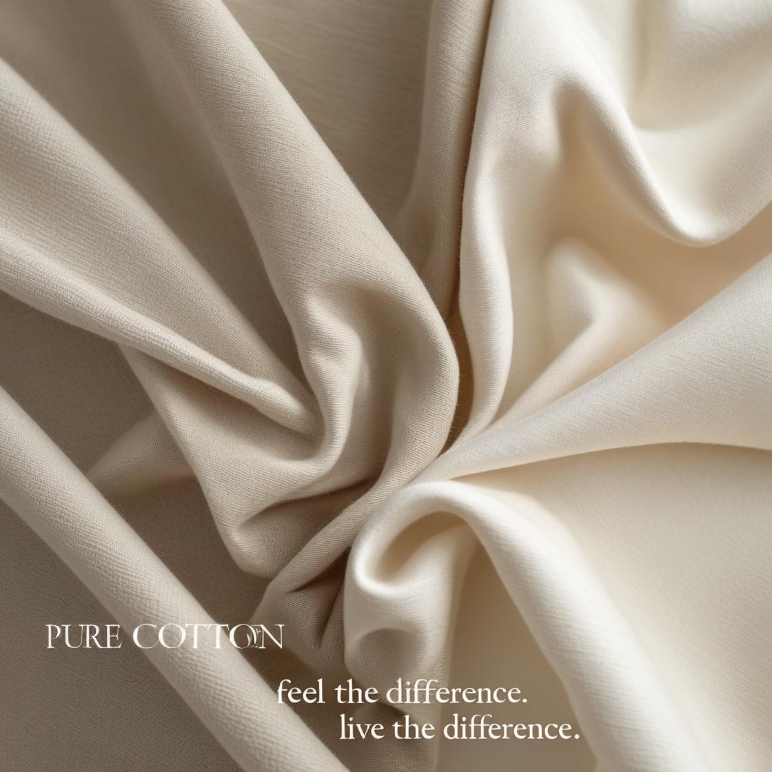 Ultra-close-up image of cotton and cotton blend fabric swatches. The cotton appears soft and matte with natural wrinkles; the cotton blend is smoother, structured, and has a soft sheen.