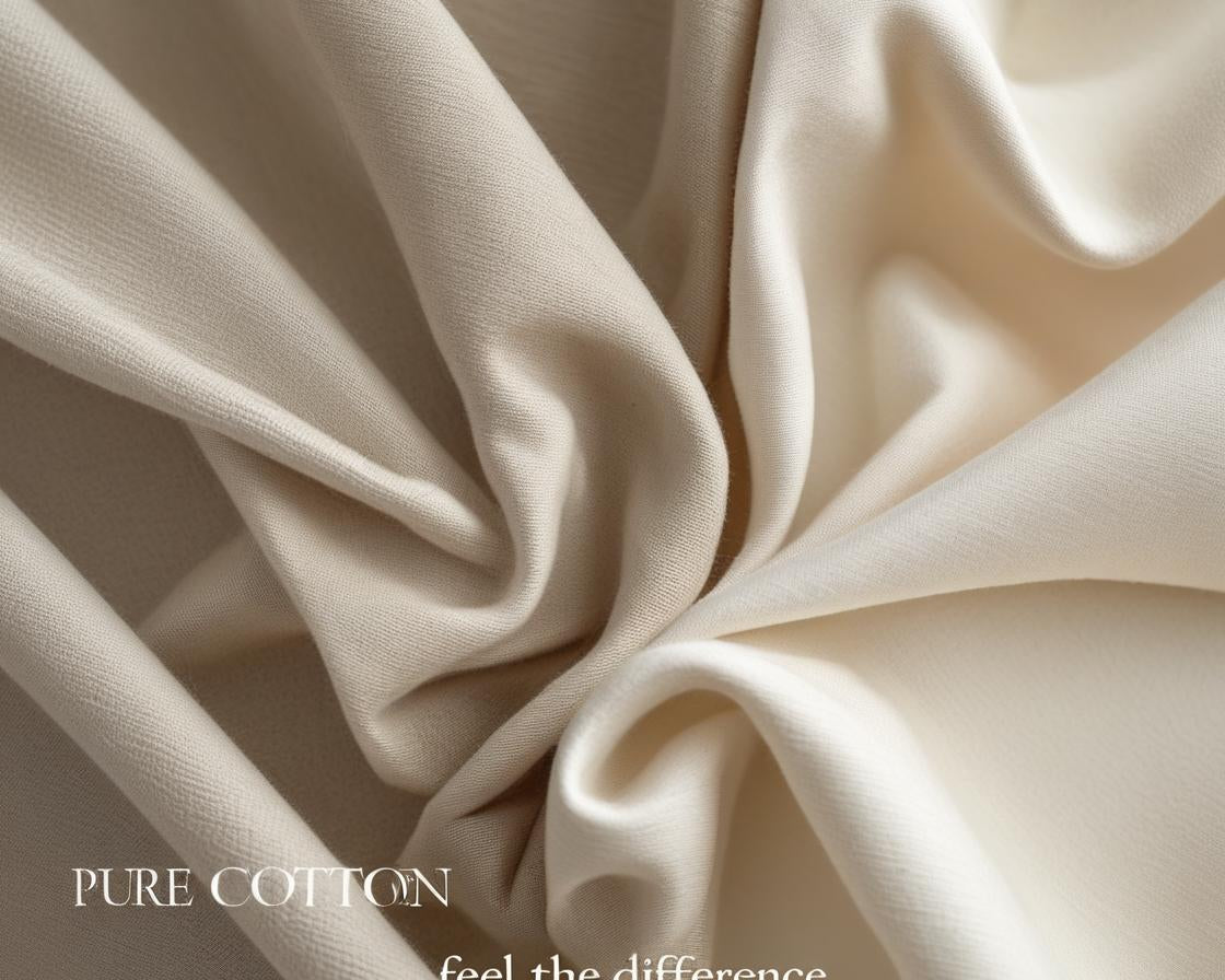 Ultra-close-up image of cotton and cotton blend fabric swatches. The cotton appears soft and matte with natural wrinkles; the cotton blend is smoother, structured, and has a soft sheen.
