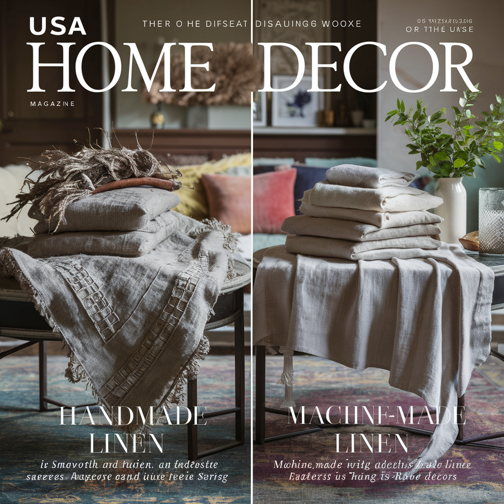 showcasing handmade and machine-made linen fabric side by side. The handmade linen is artfully woven, showcasing intricate patterns and a rustic, earthy charm.