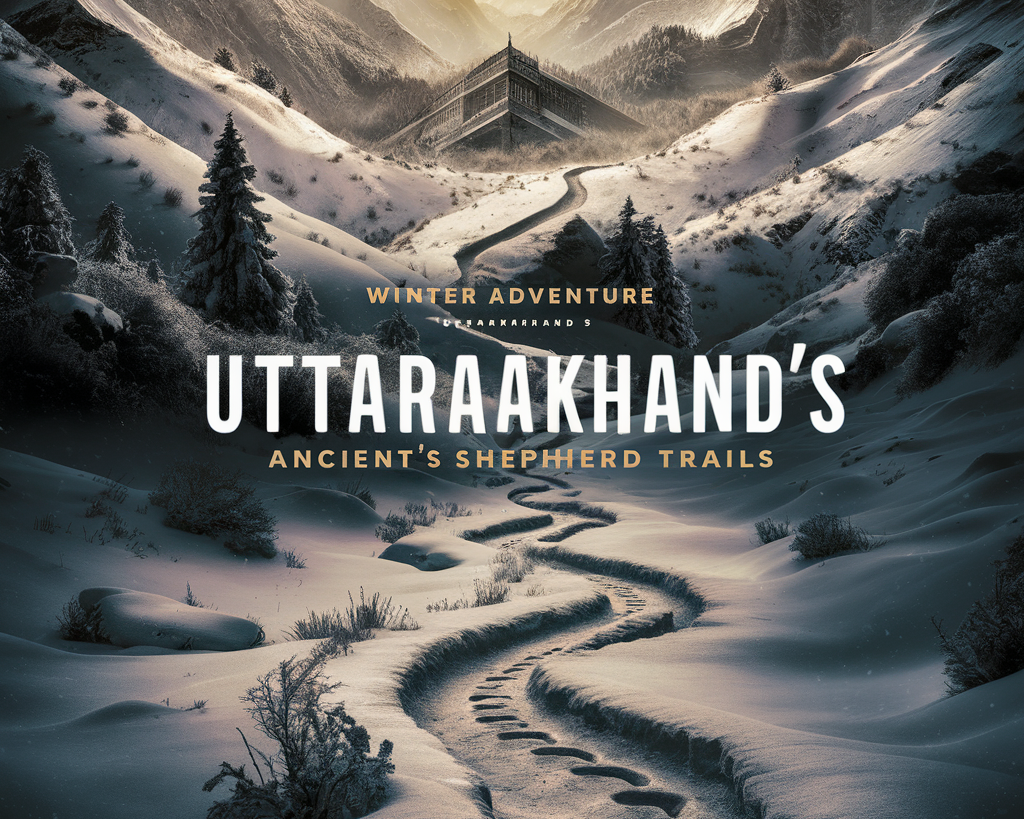 A captivating thumbnail image for a winter adventure in Uttarakhand's ancient shepherd trails. The image features a snow-covered mountain range, with a winding, narrow pathway leading through the snow.