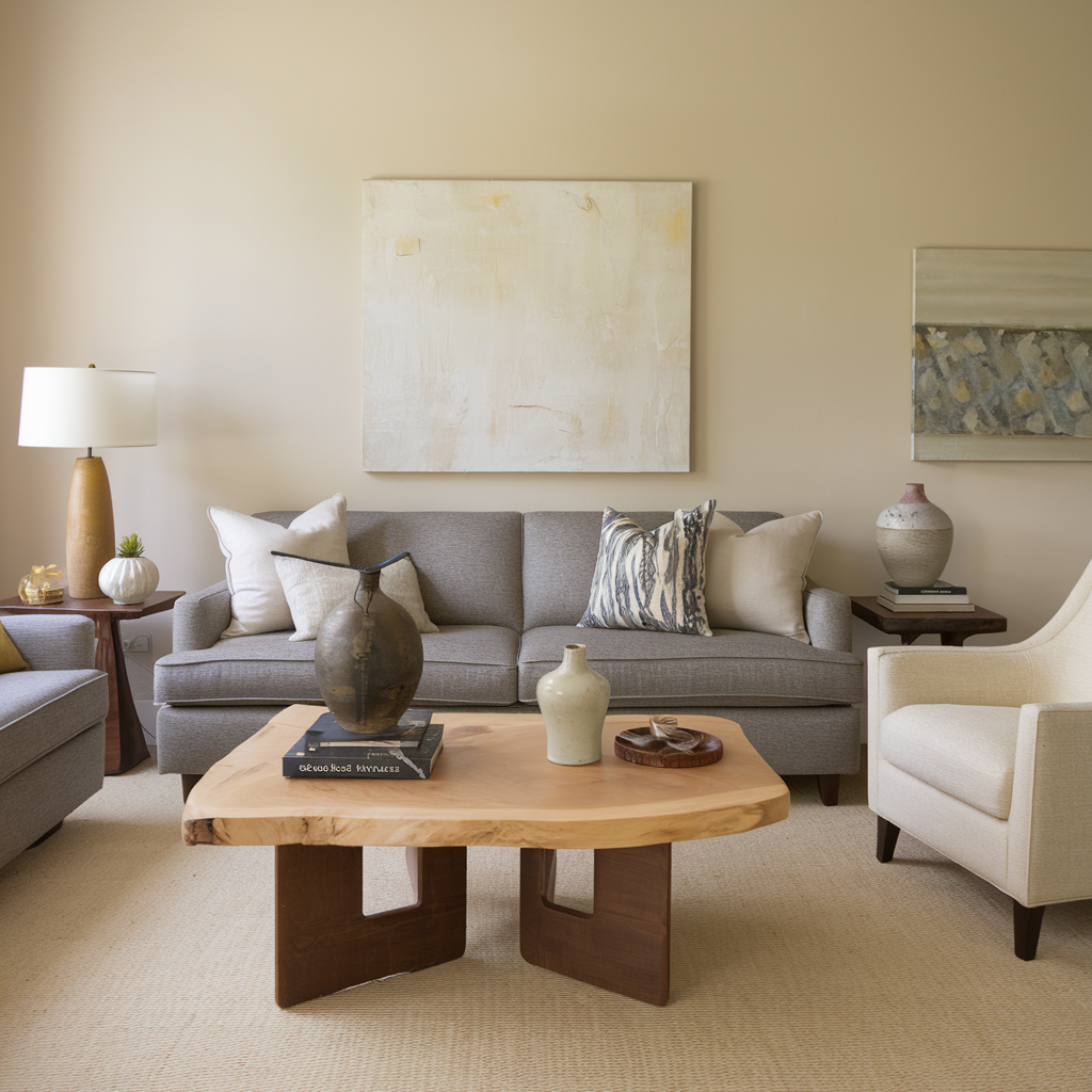 A photo of a living room with a gray sofa, a beige chair, and a wooden coffee table. There are also a few decorative items, including a lamp, a vase, and a painting.