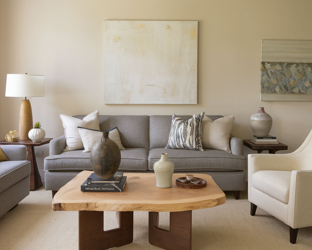 A photo of a living room with a gray sofa, a beige chair, and a wooden coffee table. There are also a few decorative items, including a lamp, a vase, and a painting.