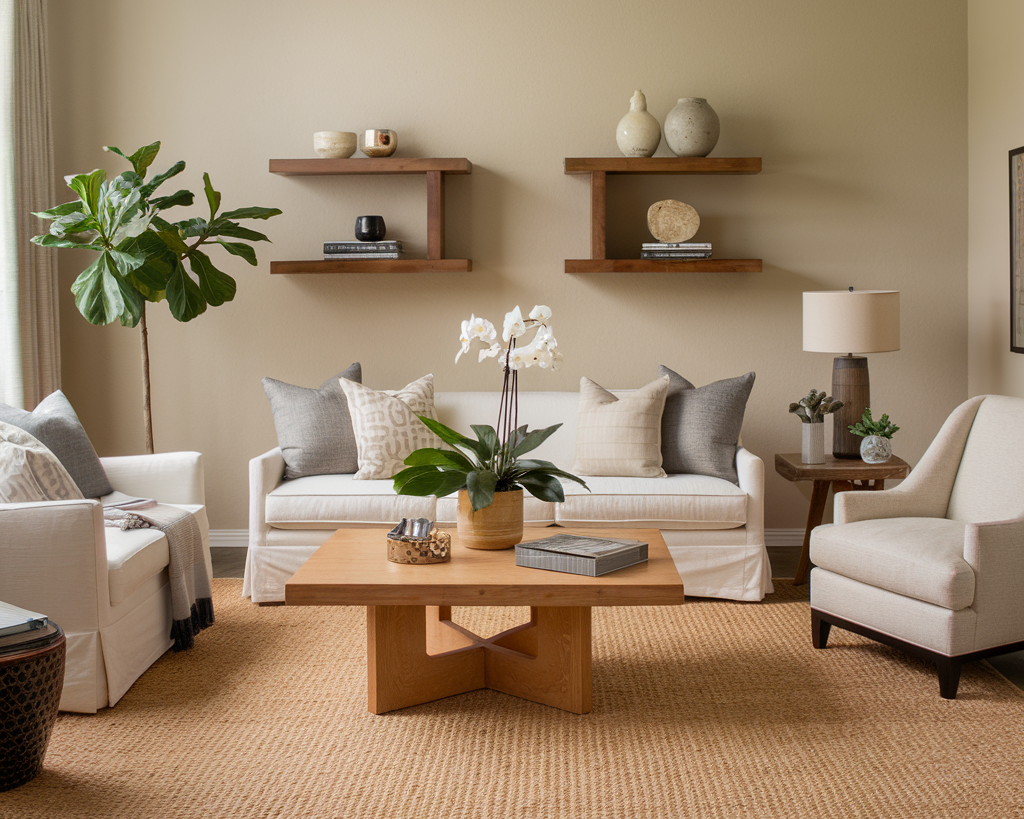 A photo of a living room with a white sofa, a beige chair, a wooden coffee table, and a potted plant. There are two wall shelves with decorative items. The floor is covered with a beige rug. The walls are painted beige.