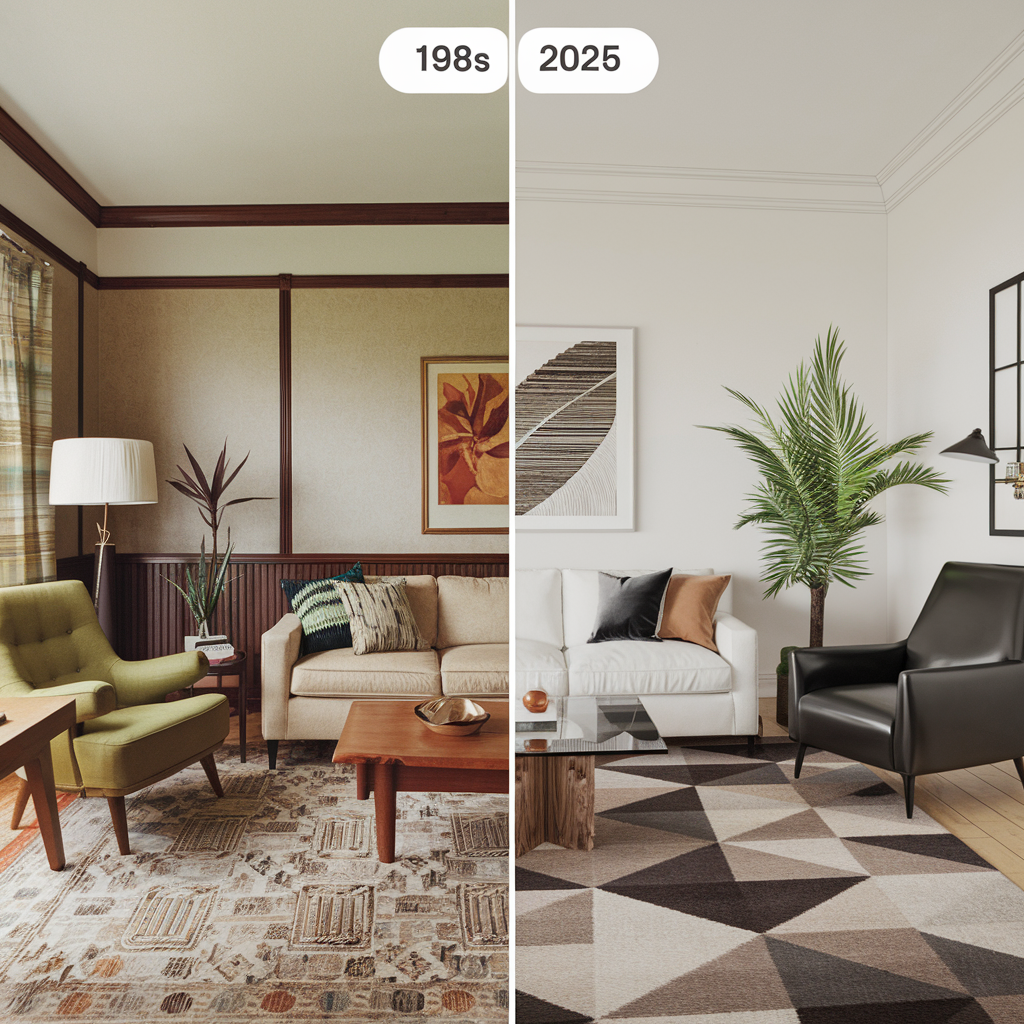 comparison of a 1980s USA home decor and a 2025 vision of the same room. The 1980s room has a beige sofa, a green armchair, a wooden coffee table, and a patterned rug.