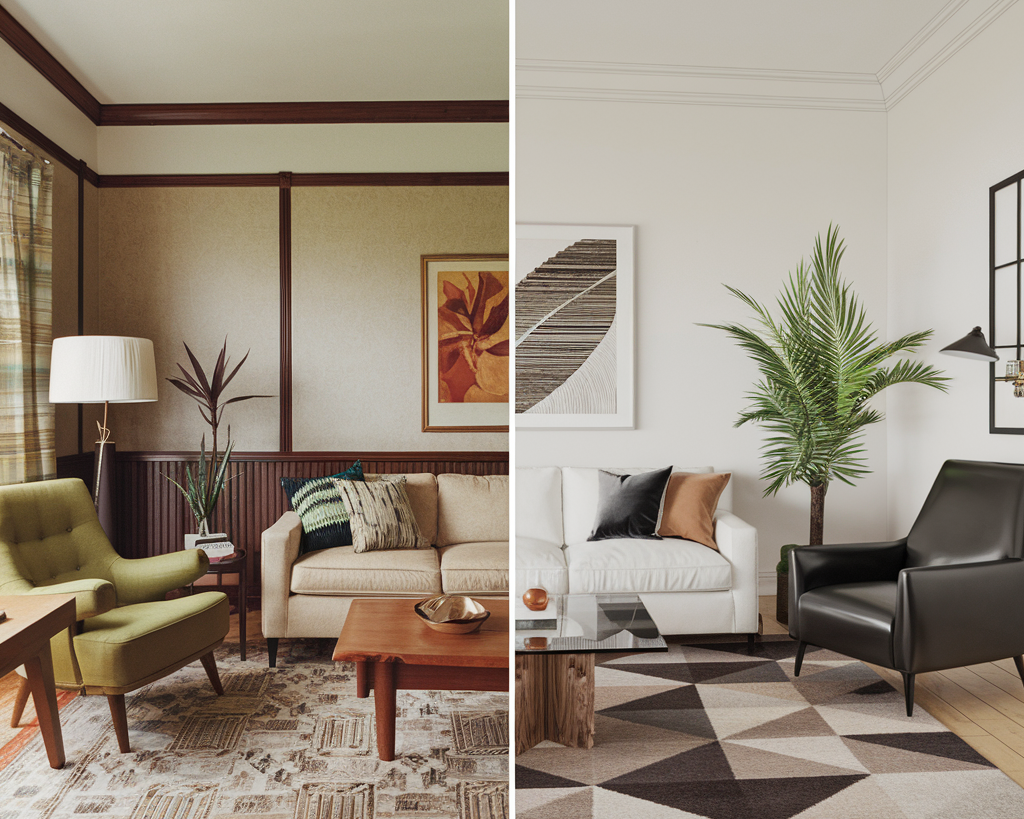 comparison of a 1980s USA home decor and a 2025 vision of the same room. The 1980s room has a beige sofa, a green armchair, a wooden coffee table, and a patterned rug.