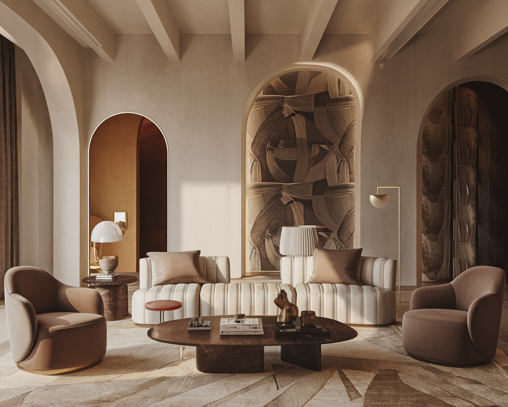 Elegant modern living room with neutral tones, featuring plush seating, textured fabric wall art, and soft ambient lighting. The space showcases a harmonious blend of curved furniture, earthy hues, and luxurious textiles.