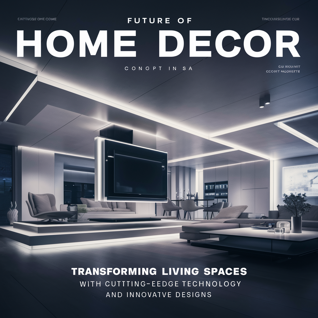showcasing a sleek, modern living room seamlessly blending cutting-edge technology and comfort. The focal point is a floating TV, illuminated by smart lighting, while minimalist furniture adds to the clean lines and uncluttered aesthetic.
