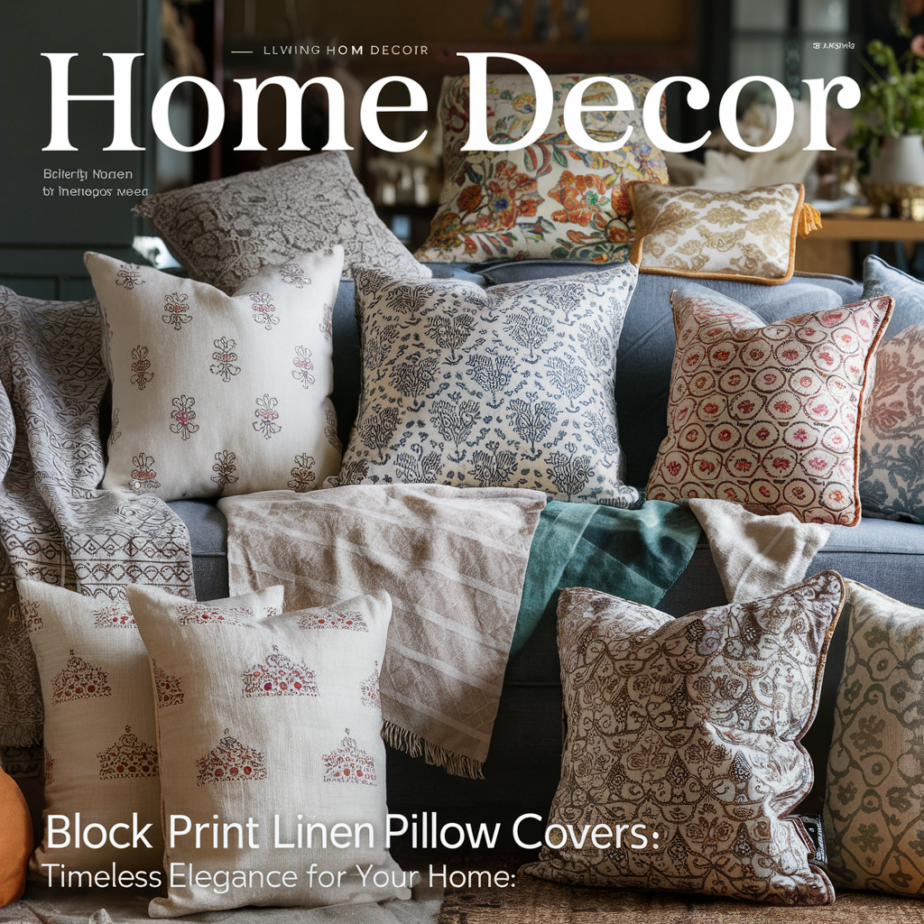 A stunning home decor cover image featuring an array of block-print linen pillow covers. The fabric showcases intricate and vibrant designs, exuding a sense of timeless elegance.