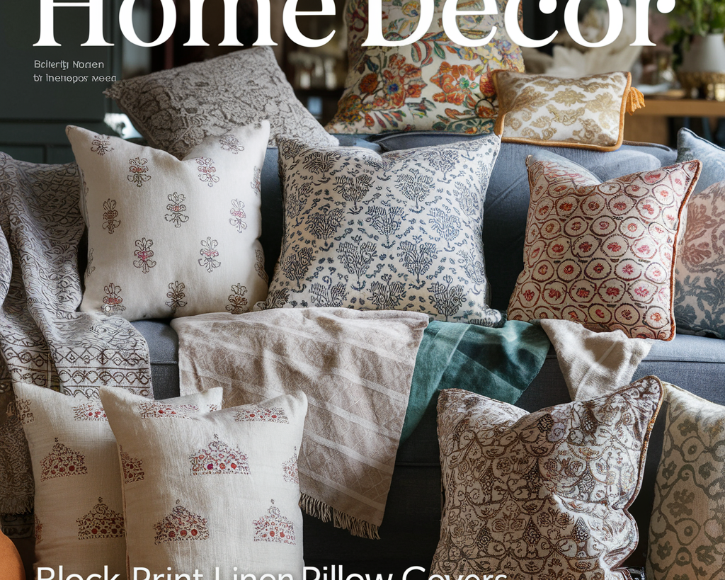 A stunning home decor cover image featuring an array of block-print linen pillow covers. The fabric showcases intricate and vibrant designs, exuding a sense of timeless elegance.