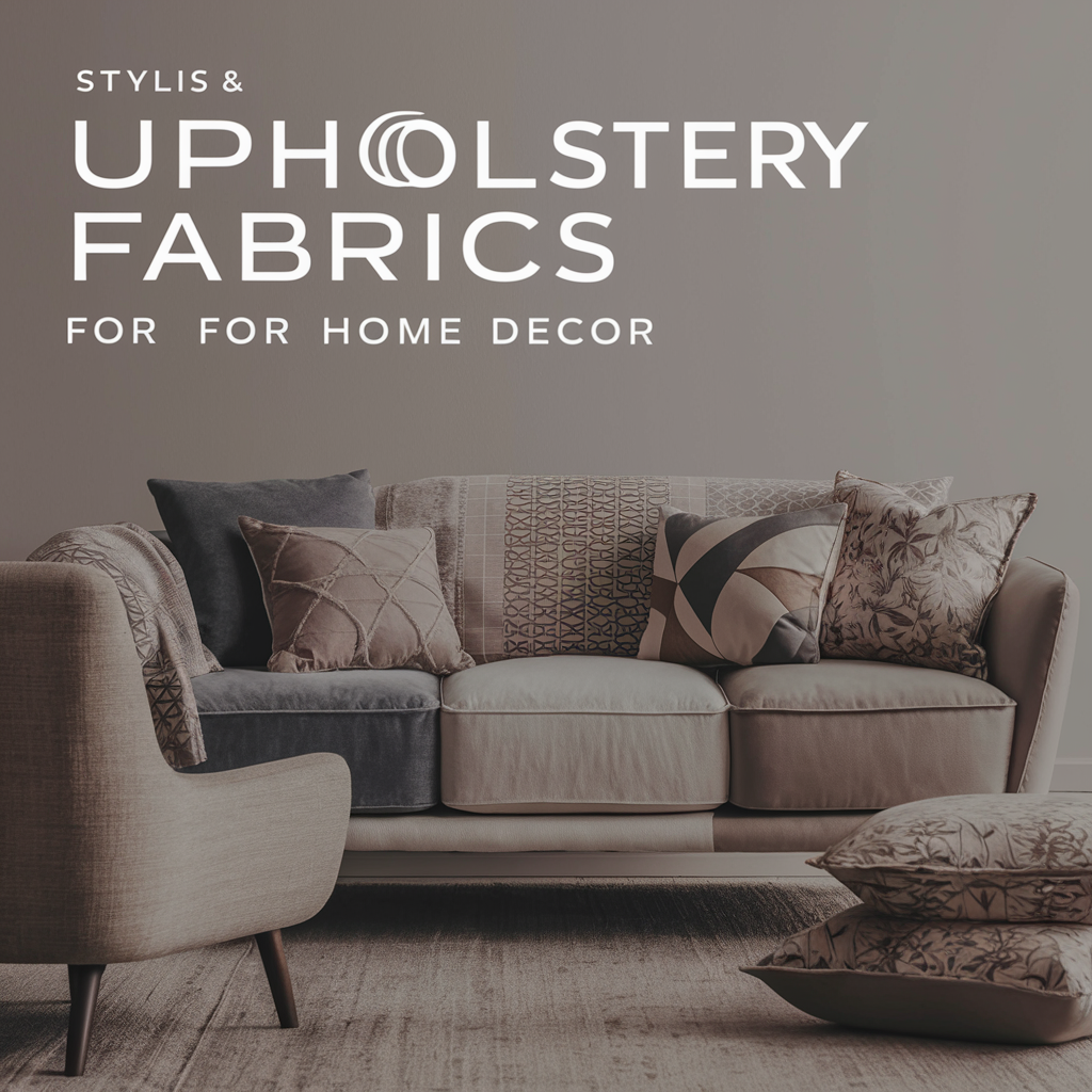 A stylish and modern living room setting, showcasing a variety of upholstery fabrics for home decor. The centerpiece is a sleek, contemporary sofa with a mix of textures and patterns, featuring velvet, cotton, and linen fabrics.