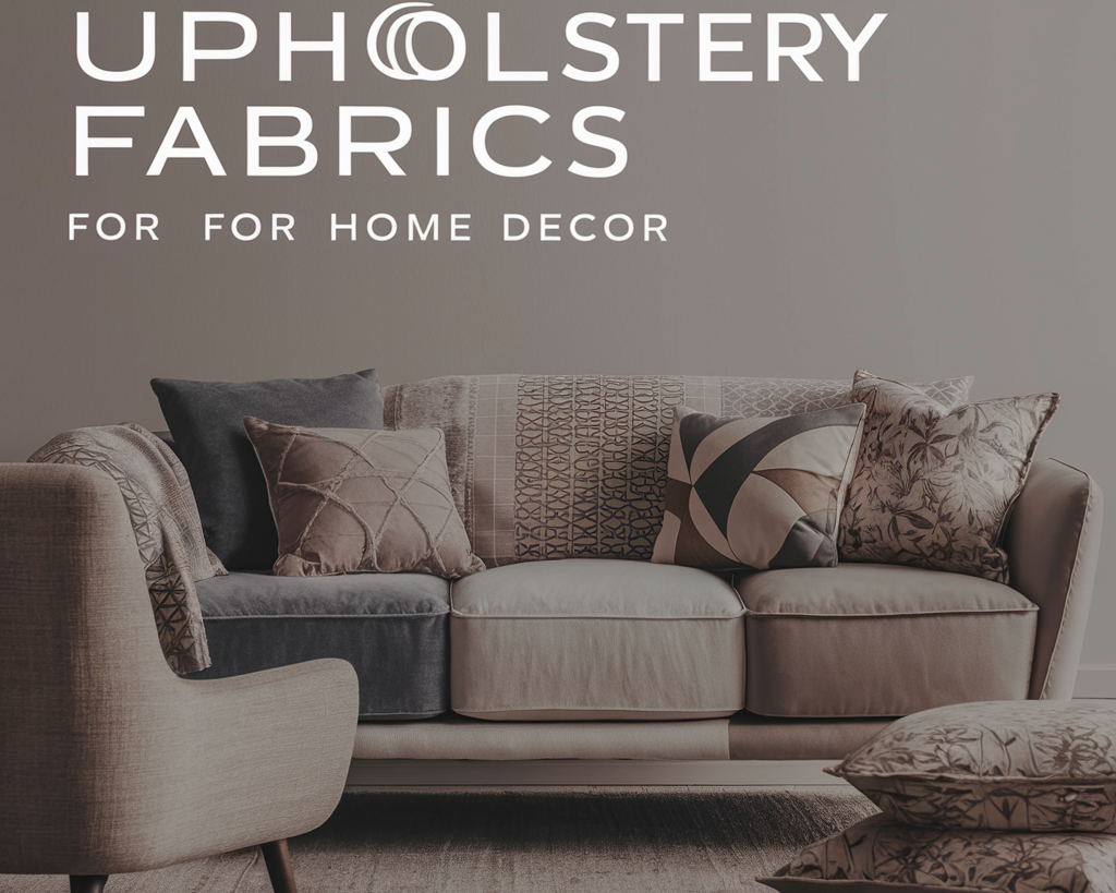 A stylish and modern living room setting, showcasing a variety of upholstery fabrics for home decor. The centerpiece is a sleek, contemporary sofa with a mix of textures and patterns, featuring velvet, cotton, and linen fabrics.