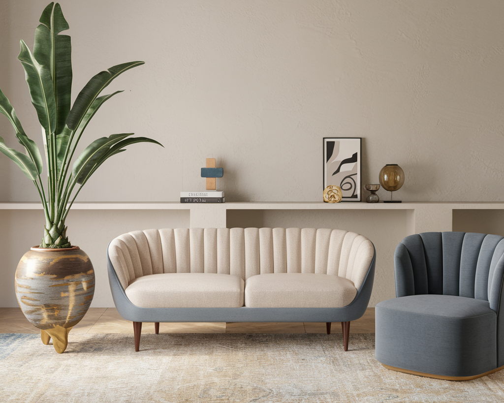 A thumbnail image of a modern living room with a few key decor items: a large plant in a ceramic pot with gold accents, a mid-century modern sofa in beige and blue, a blue accent chair with a curved