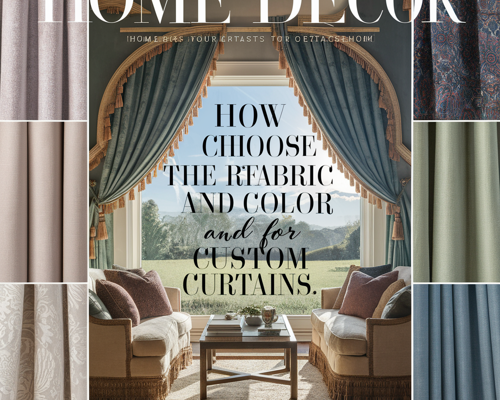 The text is prominently displayed in a stylish, readable font. The background features a selection of luxurious curtain fabrics in various textures and colors, showcasing options like velvet, linen, and sheer materials.