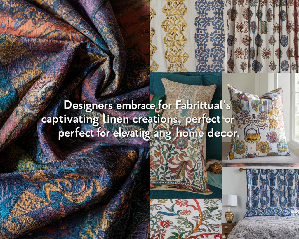 beautifully patterned pure linen fabric, with a single line about designers' admiration for Fabritual's exquisite block-printed linen.