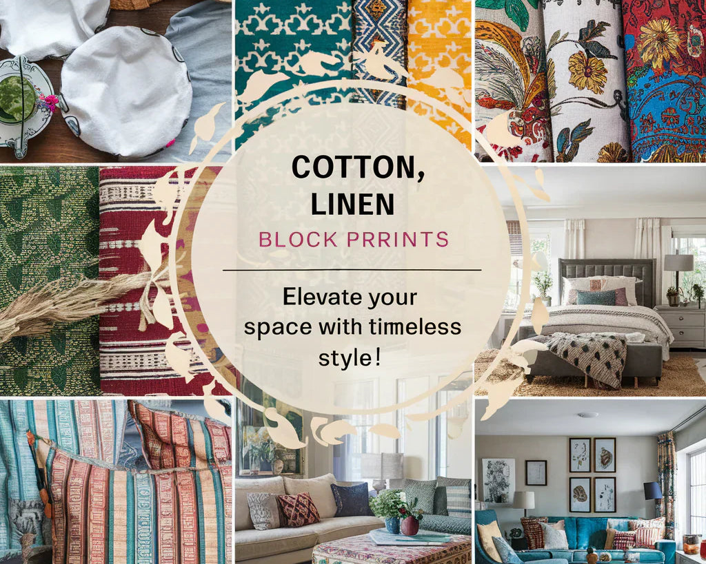 A captivating home decor cover image showcasing a harmonious blend of cotton, linen, and block prints. The attractive layout features a tasteful mix of fabrics, with a vibrant color palette and intricate patterns.