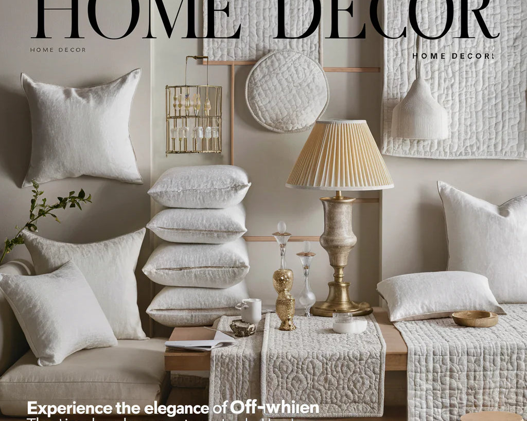 featuring various off-white linen products, such as pillow covers, lampshades, quilts, and table runners. The background is a tasteful blend of neutral colors, enhancing the luxurious appeal of the fabrics.