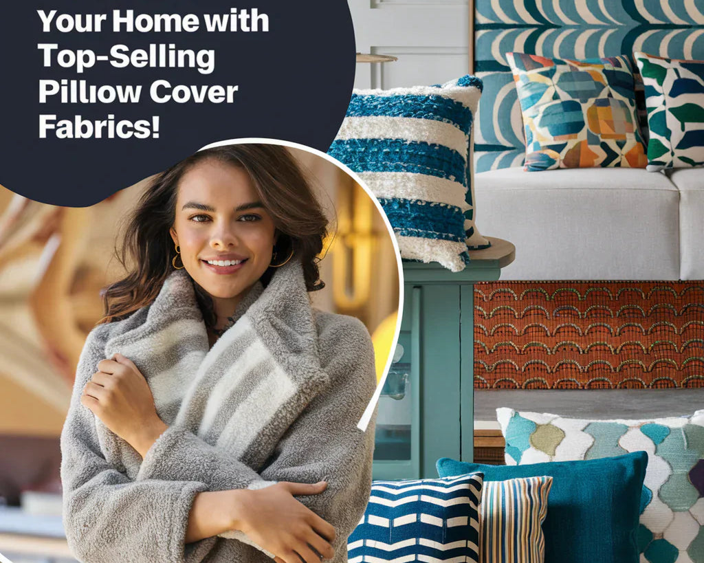 A captivating cover image featuring an attractive model wearing a trendy and cozy pillow cover fabric, showcasing the latest styles in USA's home decor.
