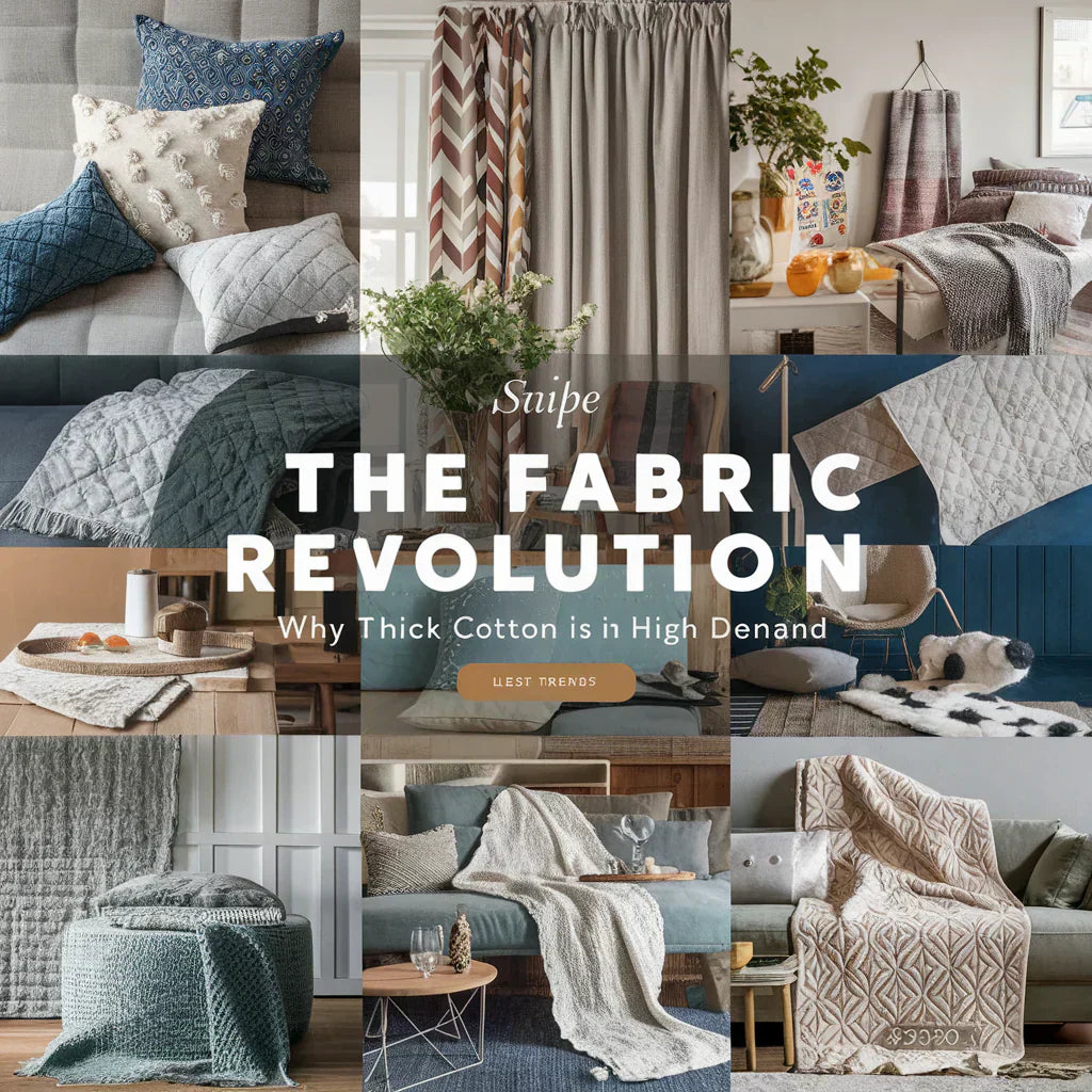 The image showcases an array of cozy and stylish items, including pillow covers, curtains, throw blankets, table runners, and quilts. The thick cotton fabric is showcased in various patterns and colors, reflecting the latest trends in US home decor.