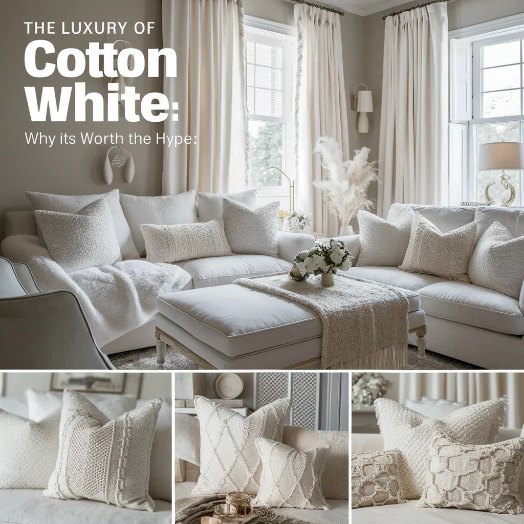 The main focus is on a cozy white couch with plush pillows, accompanied by white curtains and matching throw pillows. Additionally, the scene features a tastefully arranged table runner