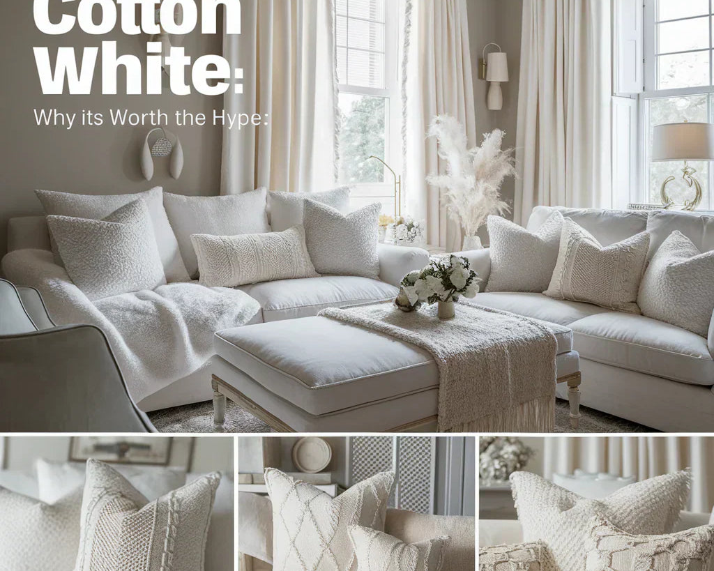 The main focus is on a cozy white couch with plush pillows, accompanied by white curtains and matching throw pillows. Additionally, the scene features a tastefully arranged table runner