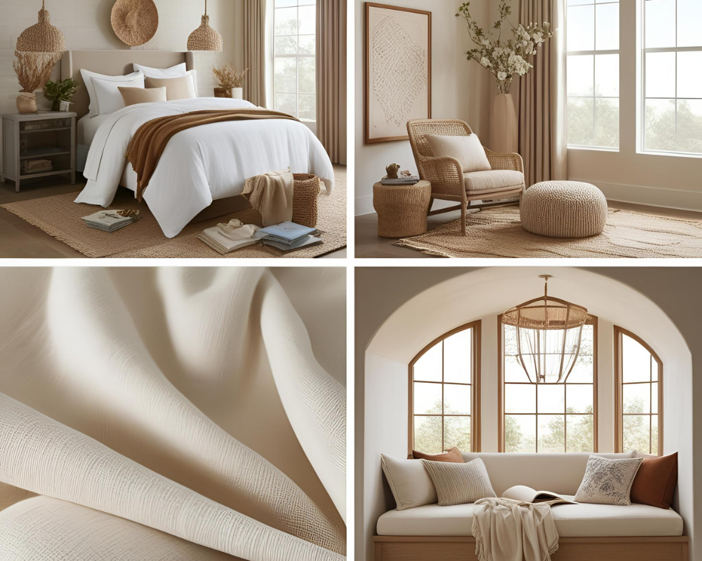 odern 2025 interior design featuring elegant cotton fabrics in a cozy bedroom and stylish reading nook, with soft textures, neutral tones, and relaxed, inviting atmosphere.