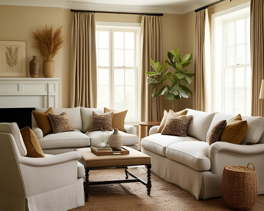 A cozy American living room featuring stylish fabric combinations — soft linen sofas, velvet cushions.