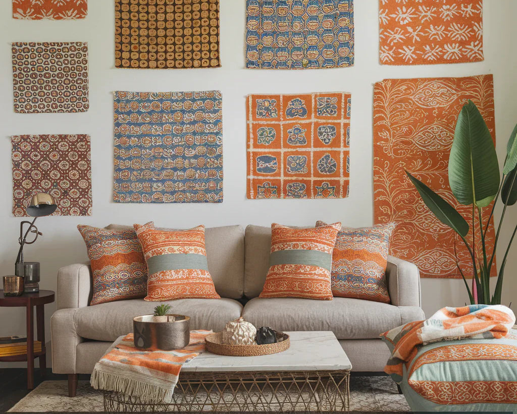 A photo of a living room with a sofa, a coffee table, and a few chairs. The walls are adorned with large, bold block print fabrics in various patterns. The floor is covered with a rug featuring the same block print pattern