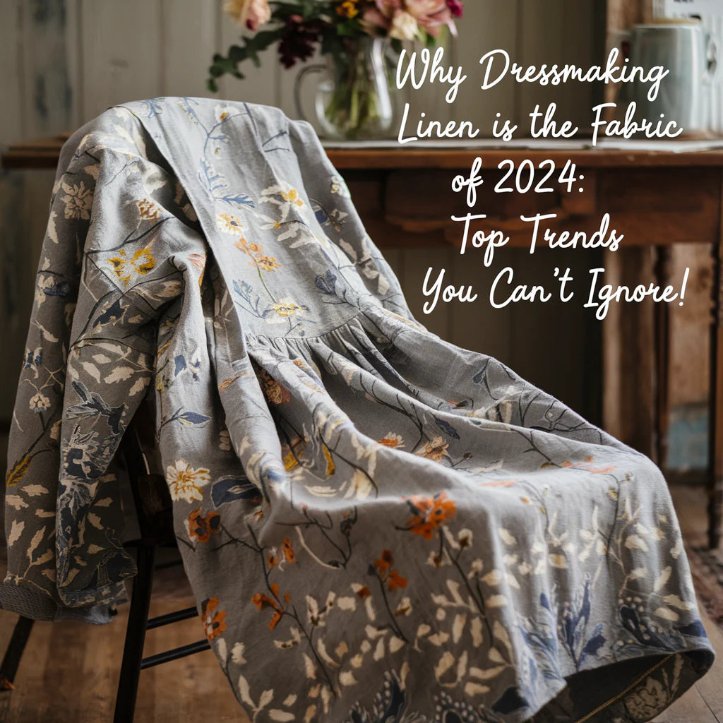 A photo of a dress made from linen fabric. The dress has a floral pattern and is draped over a chair. In the background, there's a wooden table with a vase of flowers.