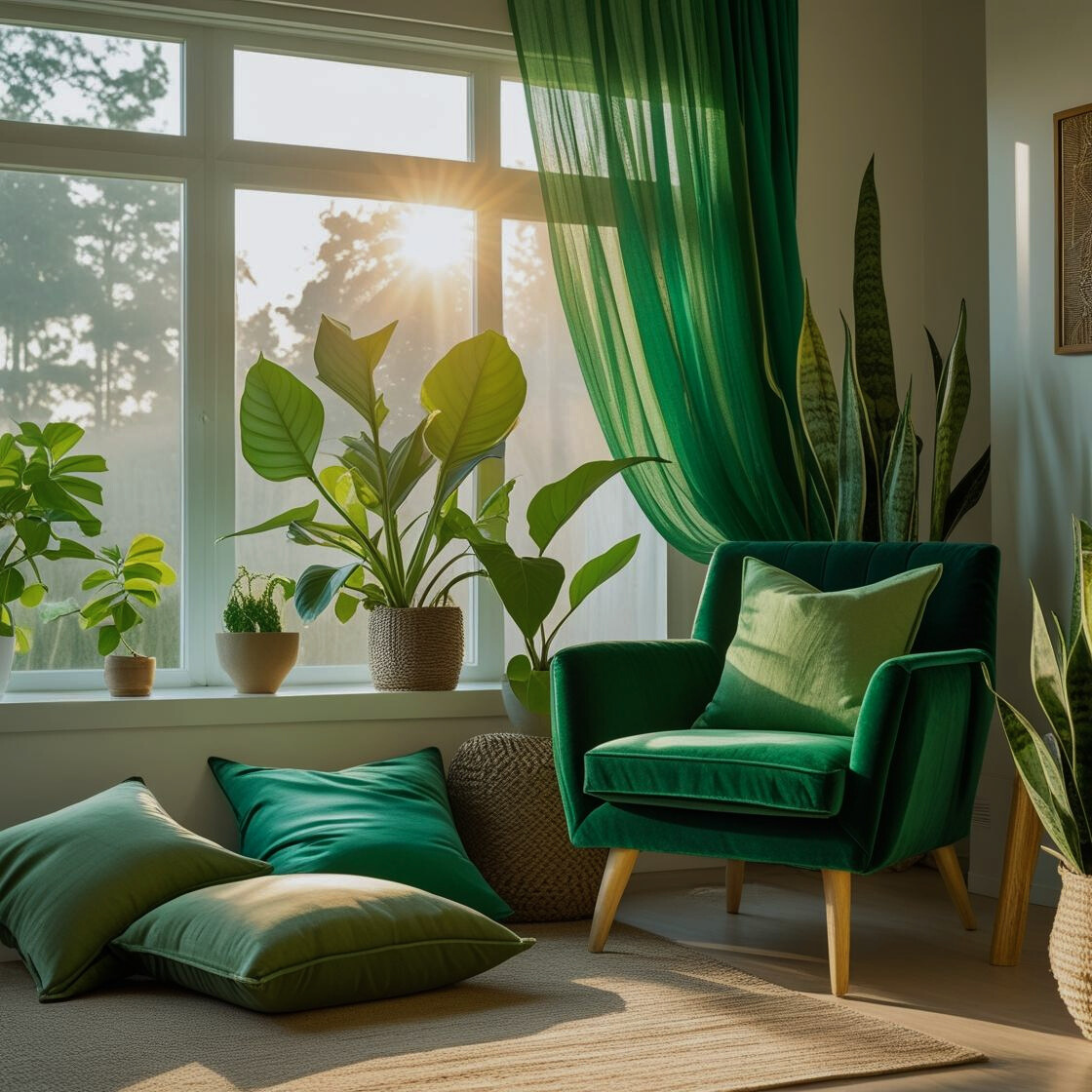 A bright, stylish interior room scene in a modern American home, featuring sustainable green fabric decor elements—like throw pillows, curtains, and an upholstered chair.