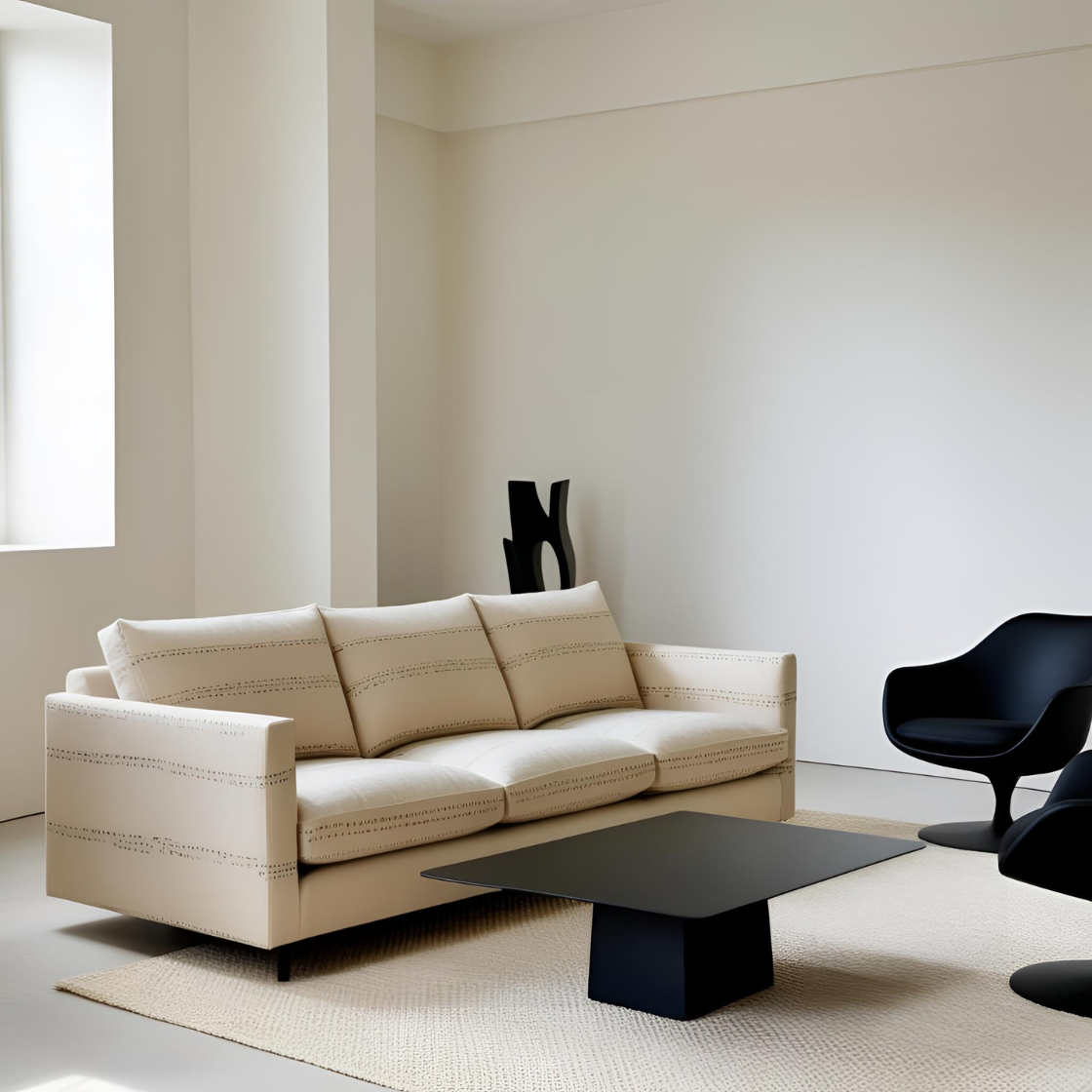 A minimalist modern living room with soft natural lighting.