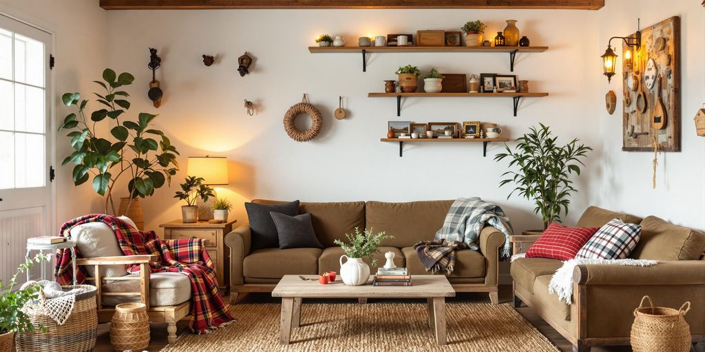 Cozy rustic farmhouse interior with wood and vintage decor.
