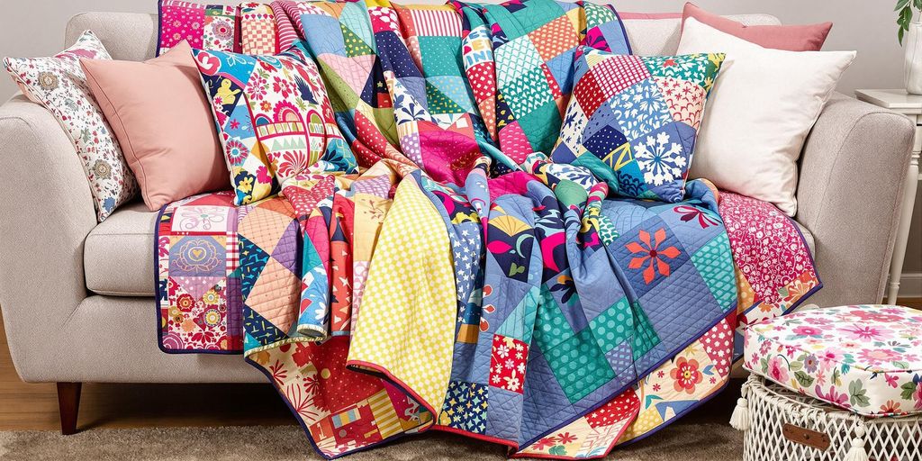 Colorful quilted fabric in a cozy home setting.