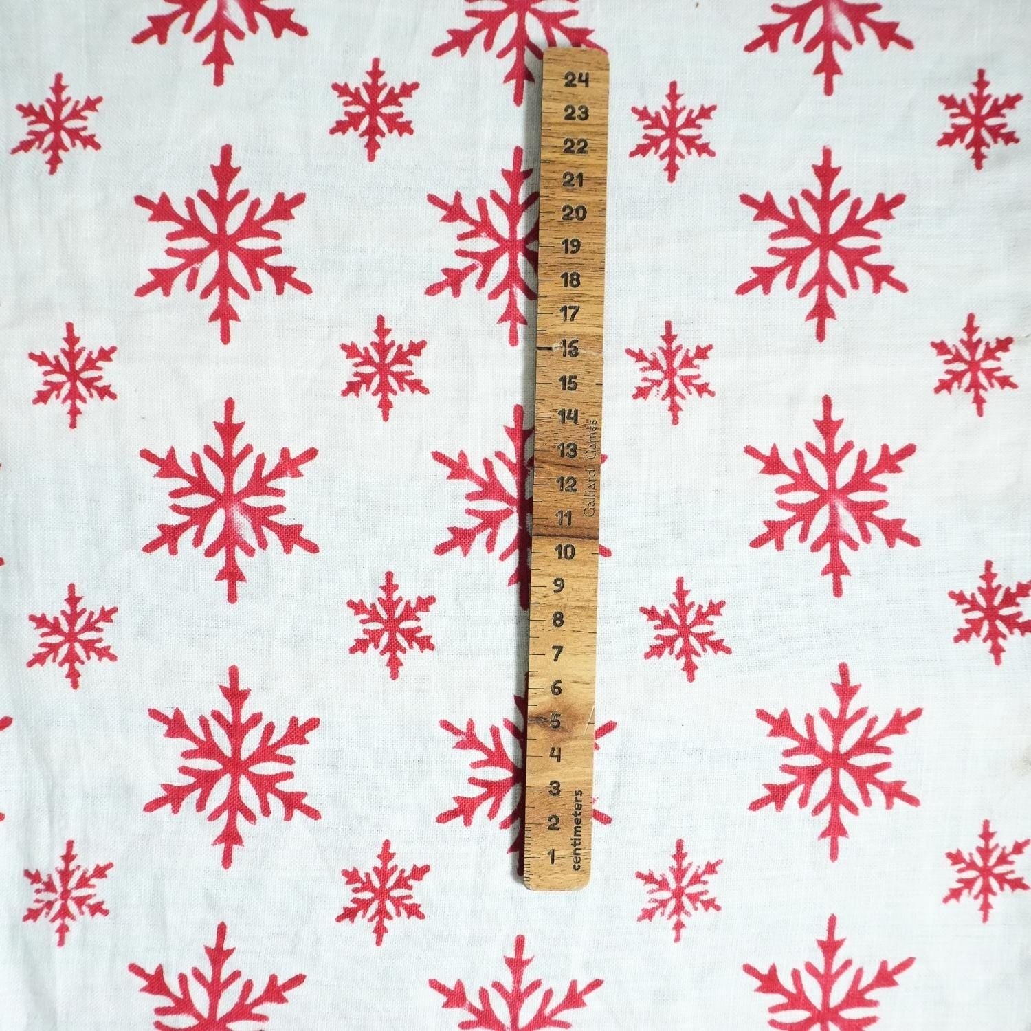 INDIAN HAND BLOCK PRINTED PURE WHITE LINEN FLORAL DECORATIVE FABRIC - RED SPARKLE
