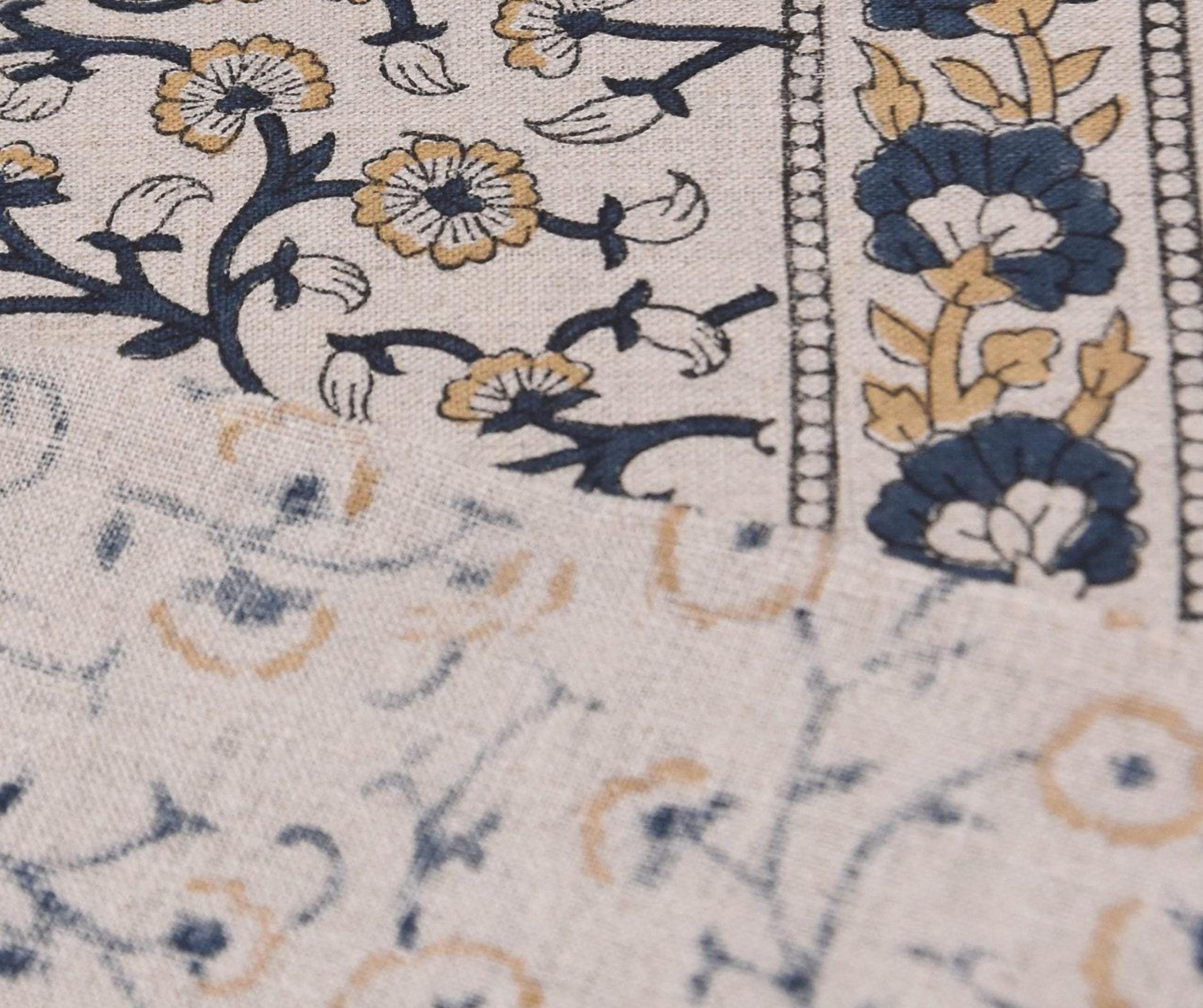 Linen Block Print Fabric 58" Width Medium Weight Linen Natural Base Color Curtains and Drapes Upholstery Pillow Covers Tablecloths and Runners Bedding Tote Bag Lampshades Napkins by Fabritual