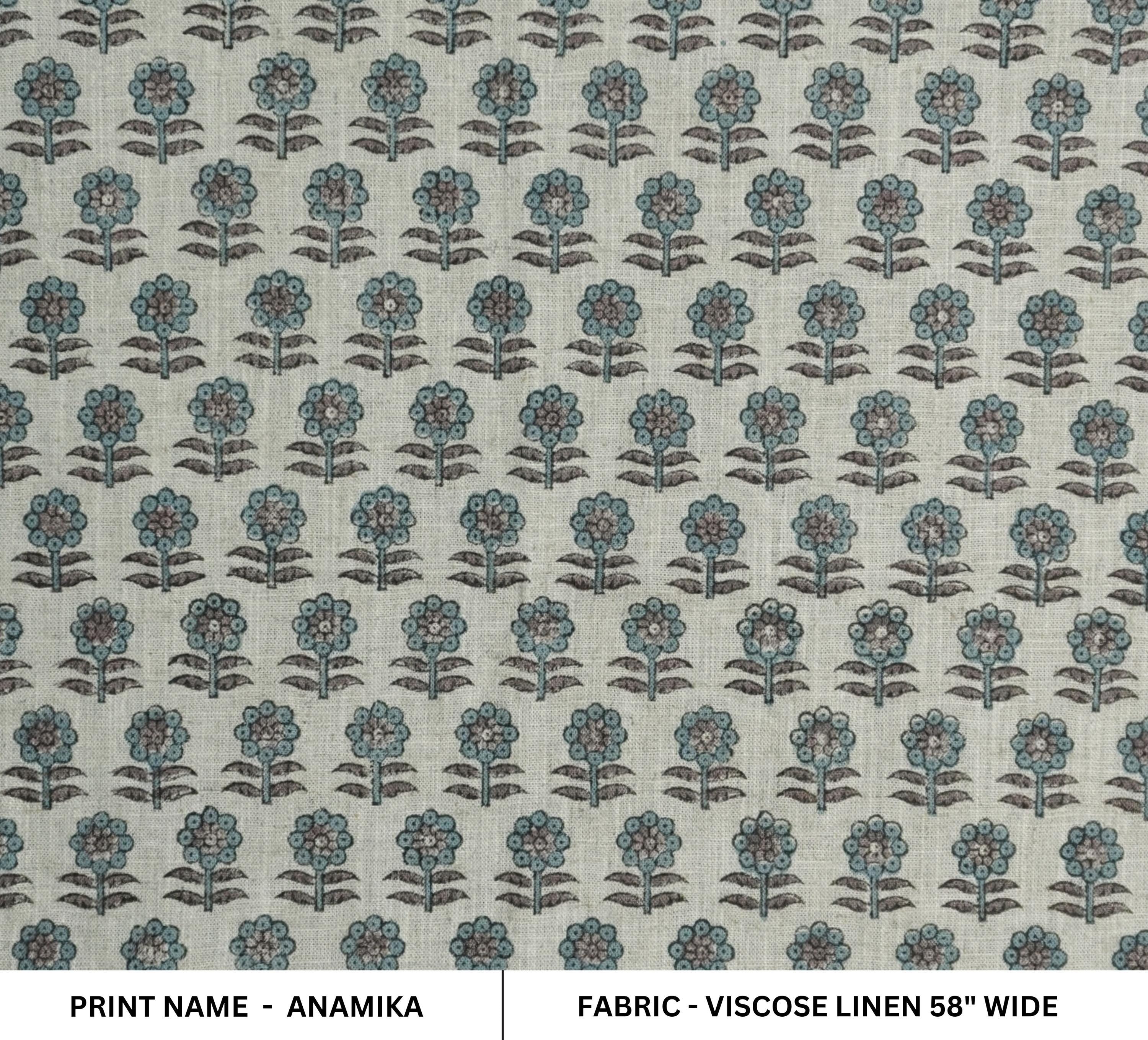BLUE BLOCK PRINTED INDIAN HANDMADE FLORAL BOHO PILLOW AND CUSHION FABRIC VISCOSE LINEN - ANAMIKA