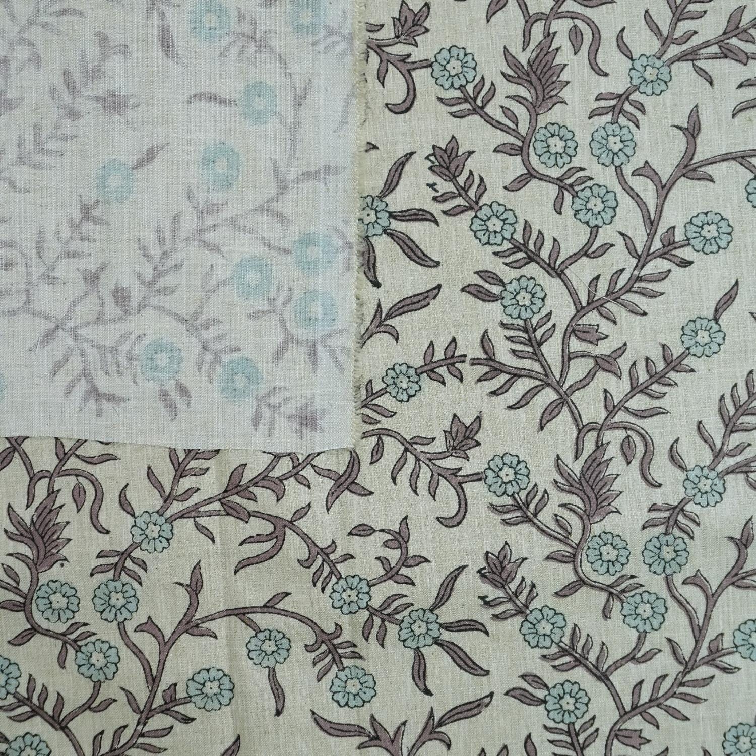 HANDMADE BLOCK PRINTED DECORATIVE LINEN FLORAL CUSHION AND DRAPERY CURTAIN FABRIC - SEHJAN