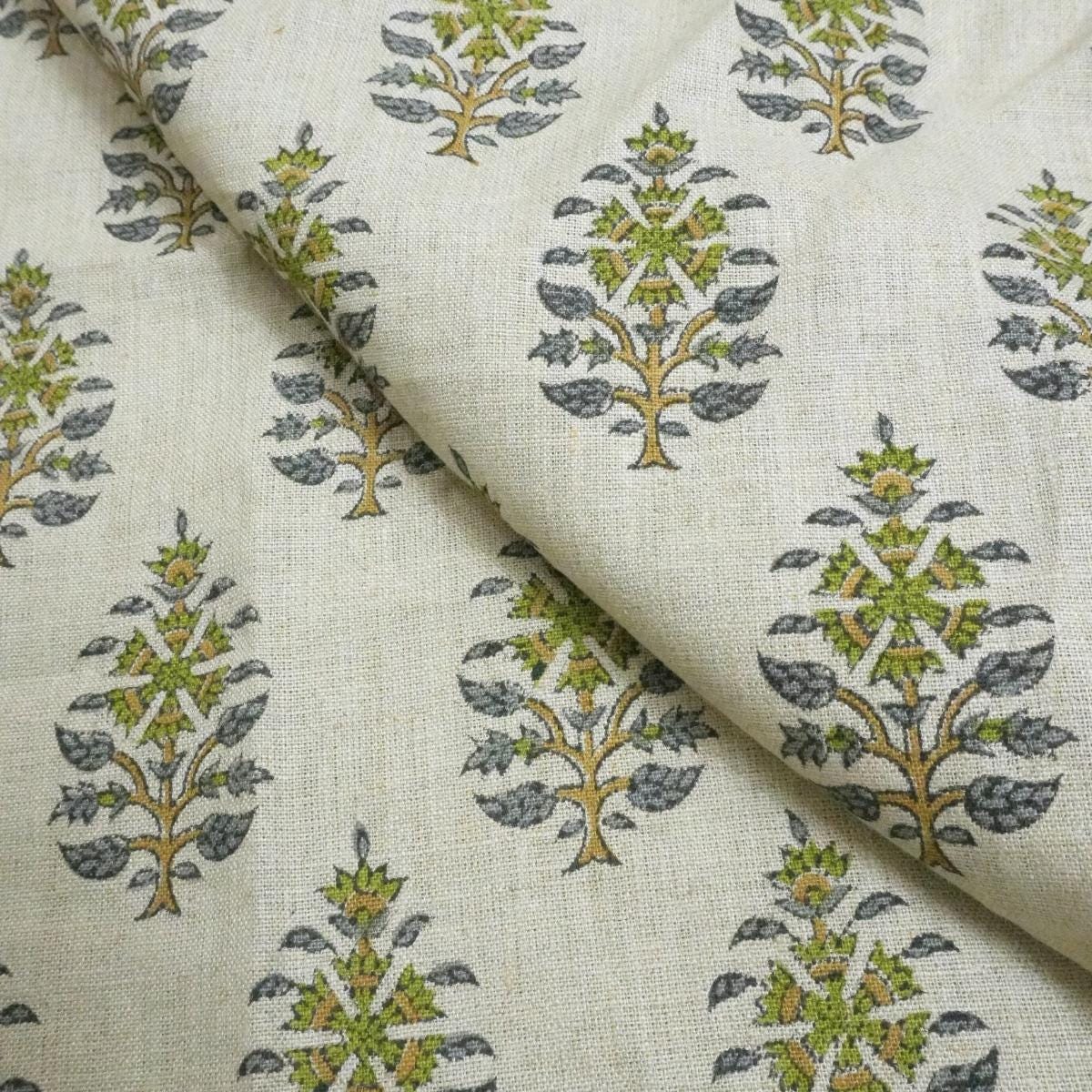 Handcrafted Pure Linen Green and Gray Leaf Floral Block Printed Fabric in Medium Weight Upholstery for Cushions - GULNAARI